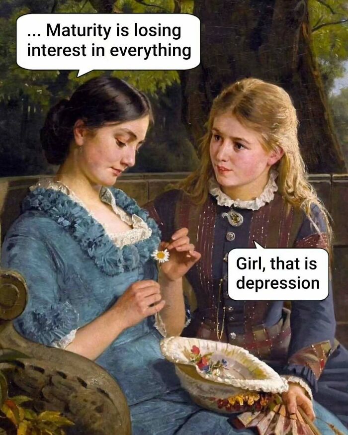 Two women in an old painting with modern captions, a humorous example of adding comedy gold to classic art.