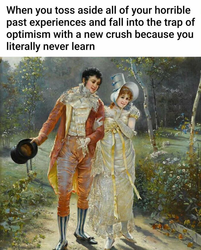 Couple in vintage attire walking in garden with modern captions added for comedy gold in old paintings.