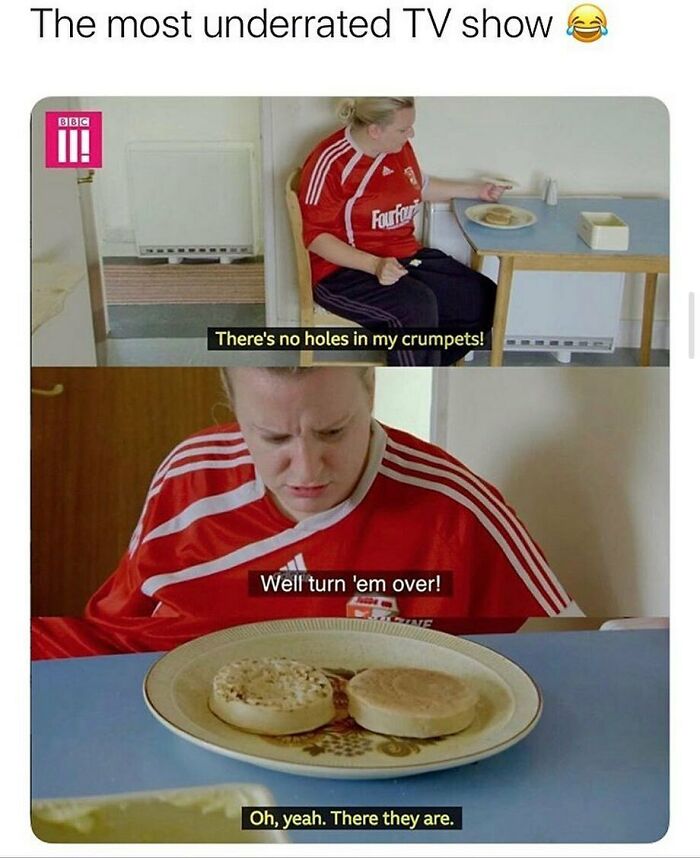 Person in red sports shirt looking at crumpets at a table with humorous British meme captions about food.