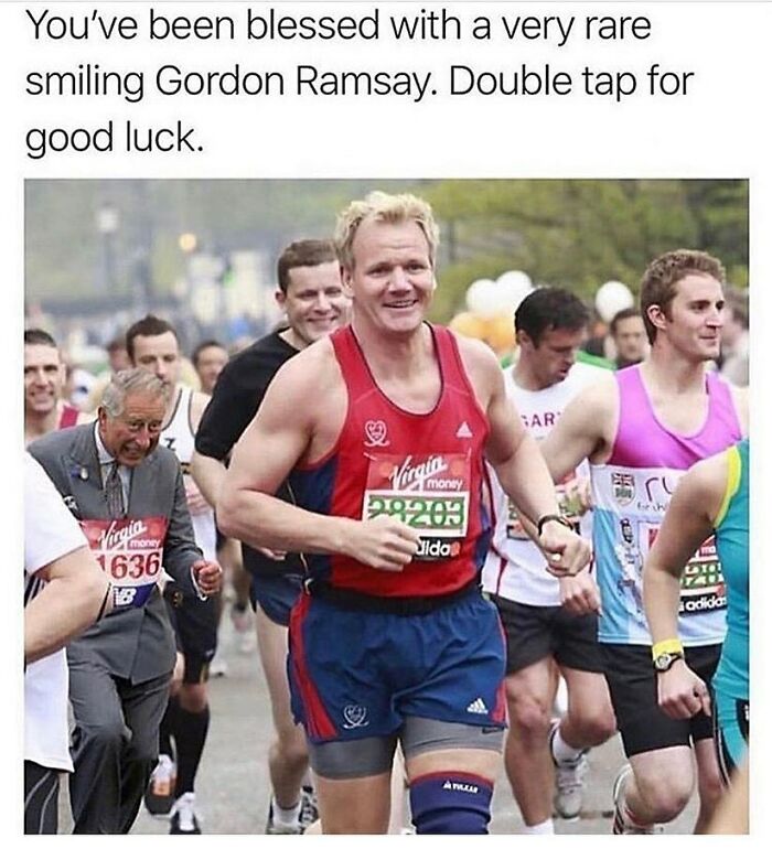 Gordon Ramsay smiling during a marathon with other runners highlighting unapologetically British humor and memes.