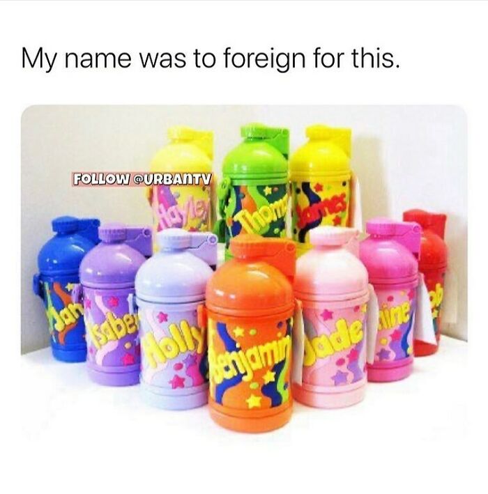 Colorful children's drink bottles with British names, highlighting unapologetically British humor and nostalgia in memes and posts.