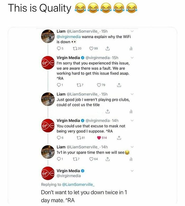 Funny British meme showing a witty Twitter exchange between a user and Virgin Media about WiFi issues and football.