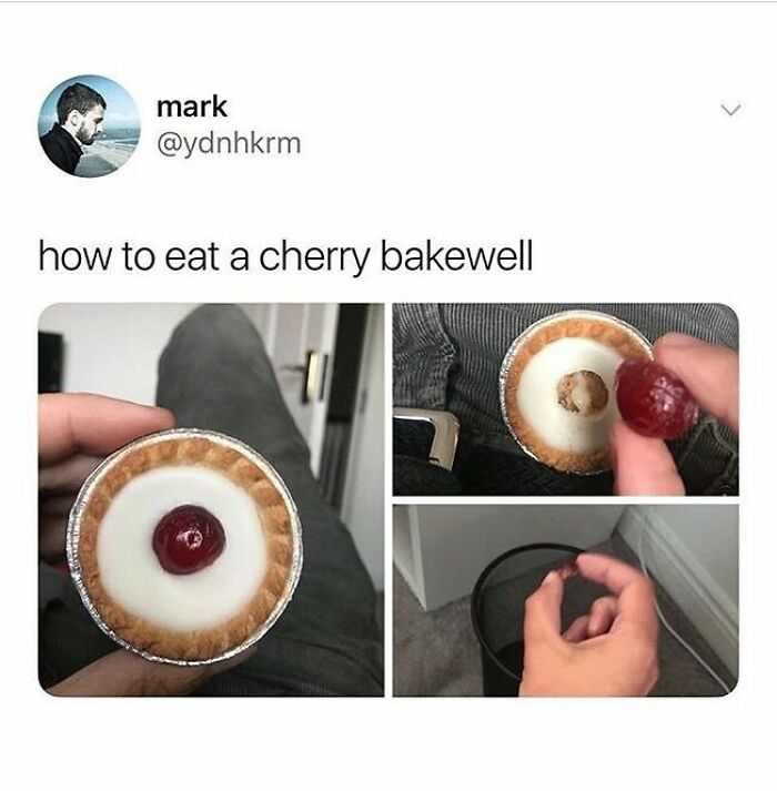 Social media post showing how to eat a cherry bakewell, featured in unapologetically British memes and posts.