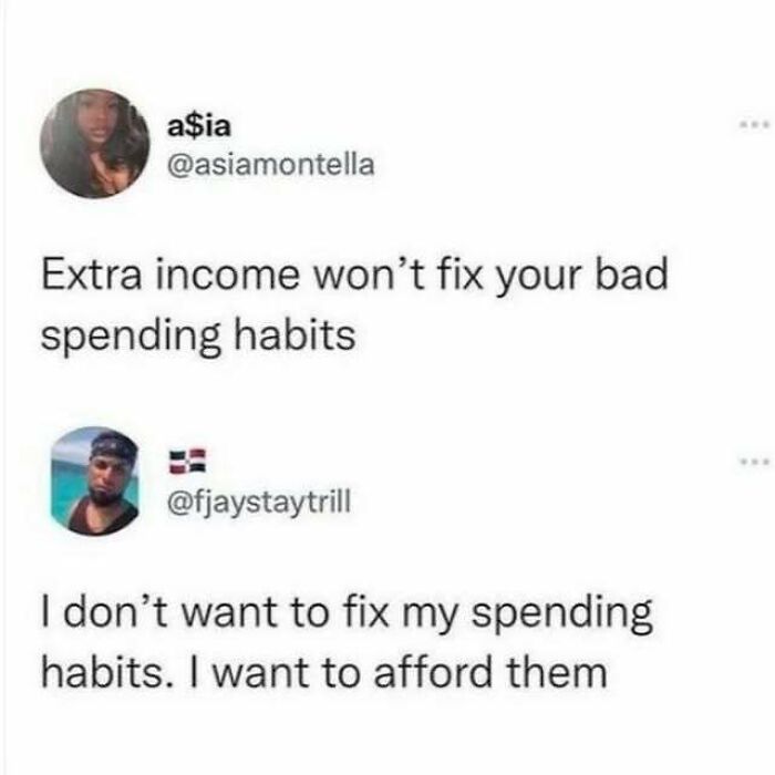 Work memes about spending habits shared on Instagram, showing relatable and funny takes on money and income.