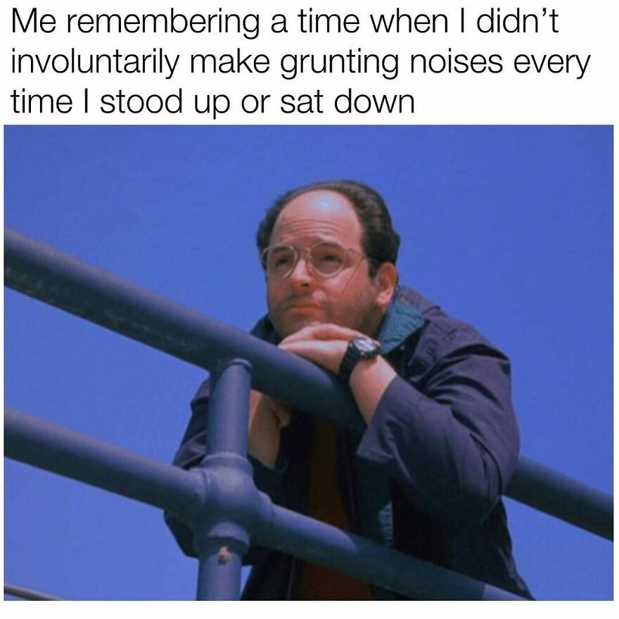 Man leaning on railing with thoughtful expression, illustrating dad memes about making grunting noises when standing or sitting.