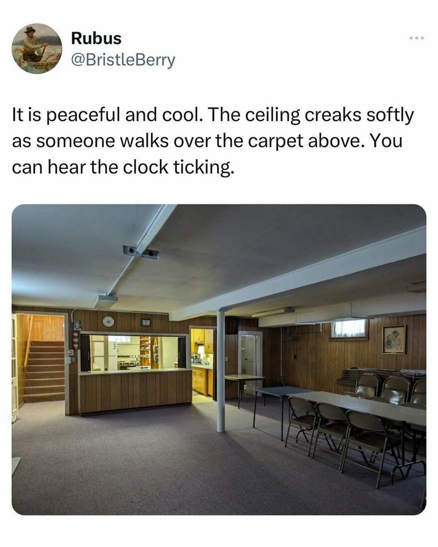 Basement room with wood paneling, folding chairs and tables, illustrating a dad meme about peaceful silence and ticking clock.