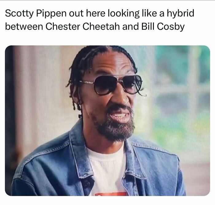 Man with braided hair and sunglasses wearing a denim jacket in a funny TV meme about Scotty Pippen’s look.
