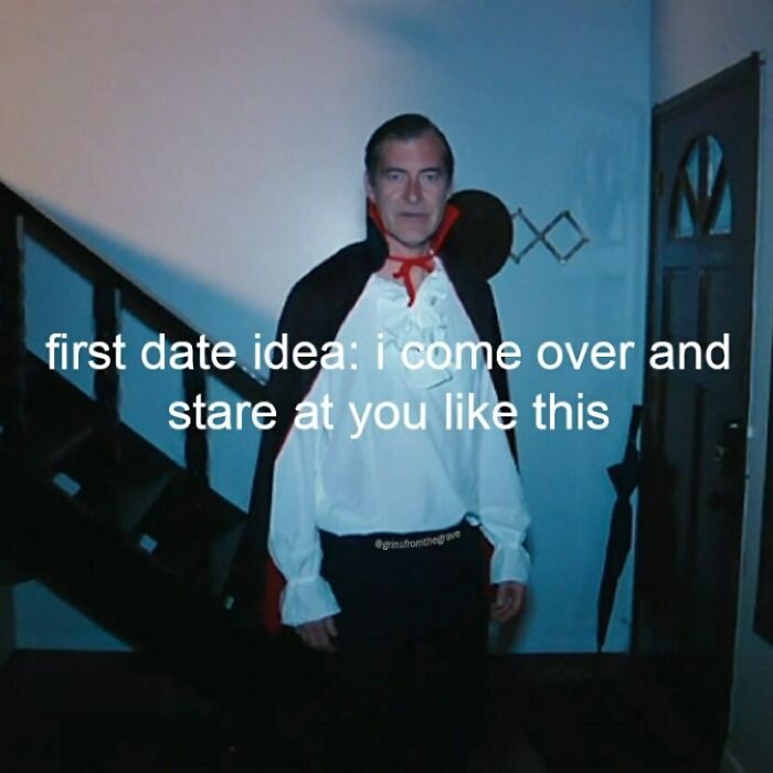 Man dressed as a vampire standing in a dimly lit room with a humorous horror movie meme caption.