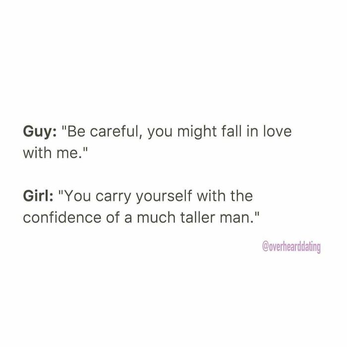Conversation snippet about dating with a guy warning about falling in love and a girl complimenting his confidence.