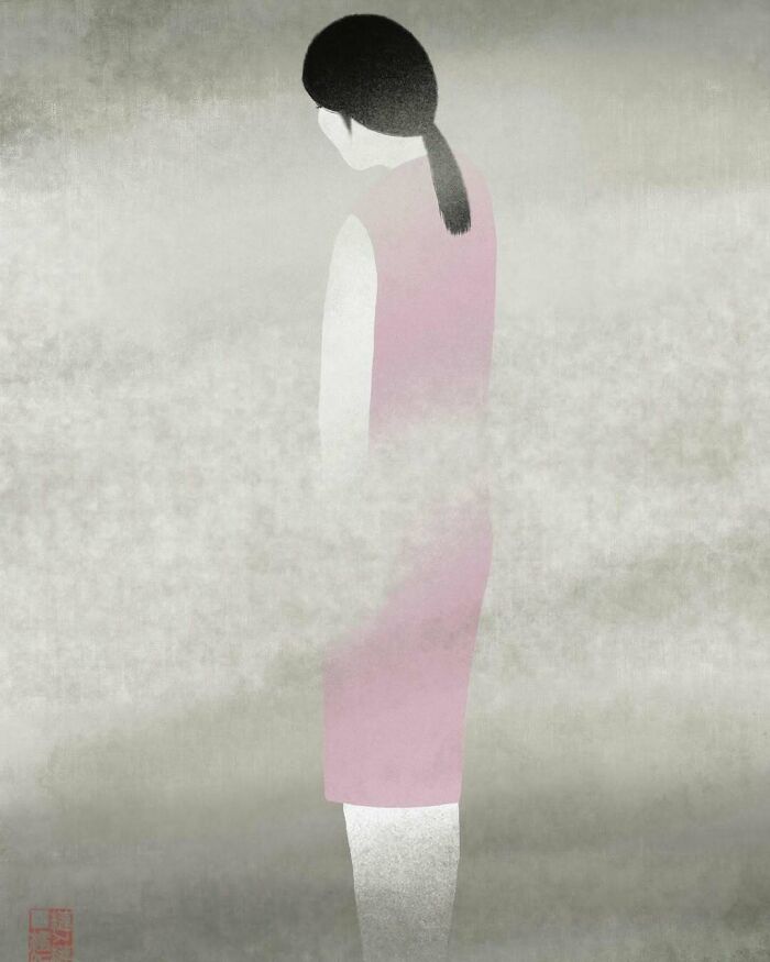 Minimalist Japanese painting of a woman in traditional style with modern soft colors and misty background.
