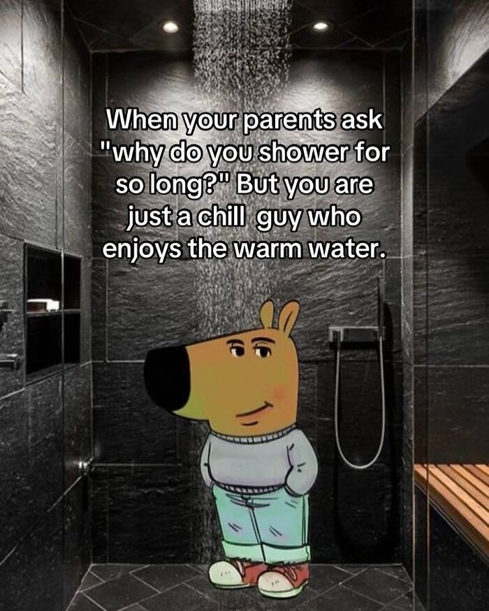 Cartoon character standing under a shower with text about enjoying warm water in posts that hit different at 3AM memes.