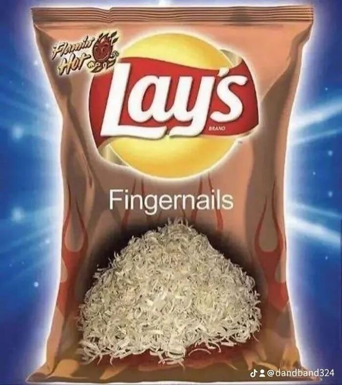Humorous 3AM meme featuring a parody bag of Lay's chips labeled Fingernails for unhinged late-night posts.