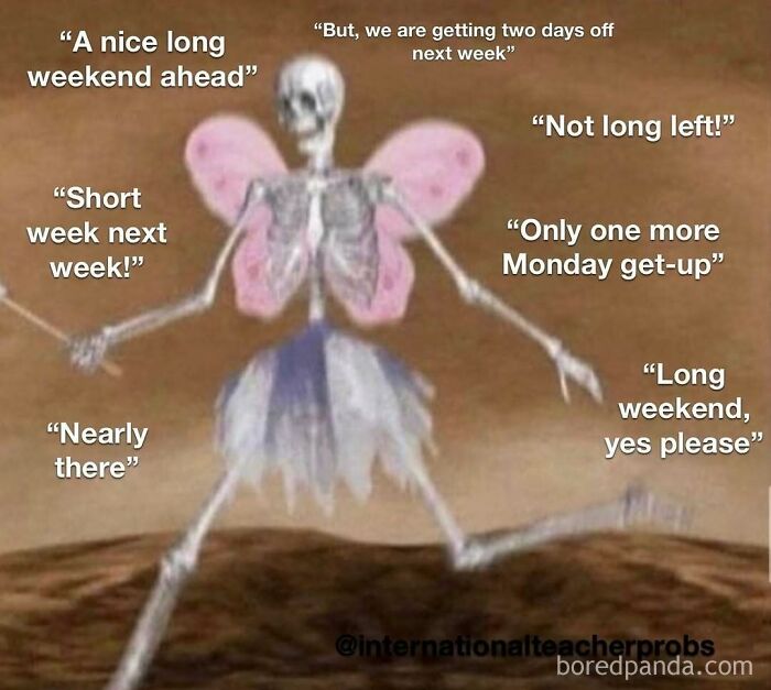 Skeleton in fairy costume with captions about looking forward to the weekend, funny memes for teachers who deserve a raise and a nap.