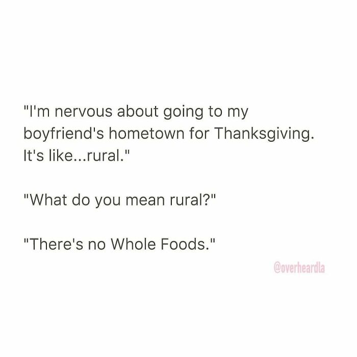 Text conversation about dating anxieties involving a rural boyfriend's hometown with no Whole Foods mentioned.