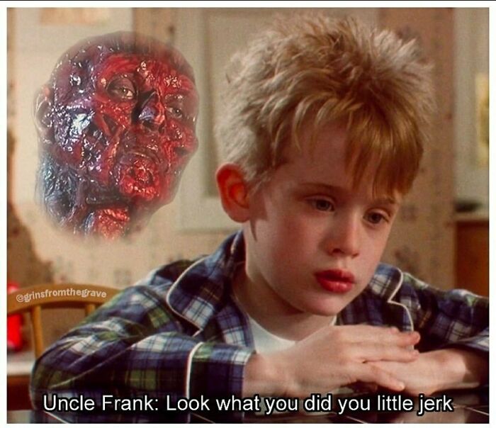 Child in pajamas looking sad with burned face ghost overlay, a horror movie meme from hilarious horror movie memes collection.