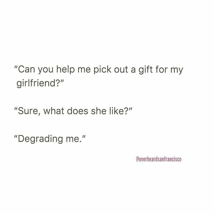 Text conversation about picking a gift for a girlfriend with humorous dating-related dialogue.