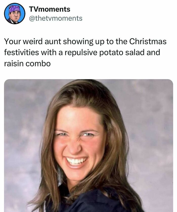 Funny and relatable TV memes showing a woman laughing about a weird aunt bringing a strange potato salad to Christmas.