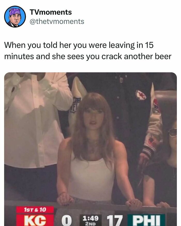 Woman looking disappointed at a sports game, relatable TV memes capturing funny moments about drinking and relationships.