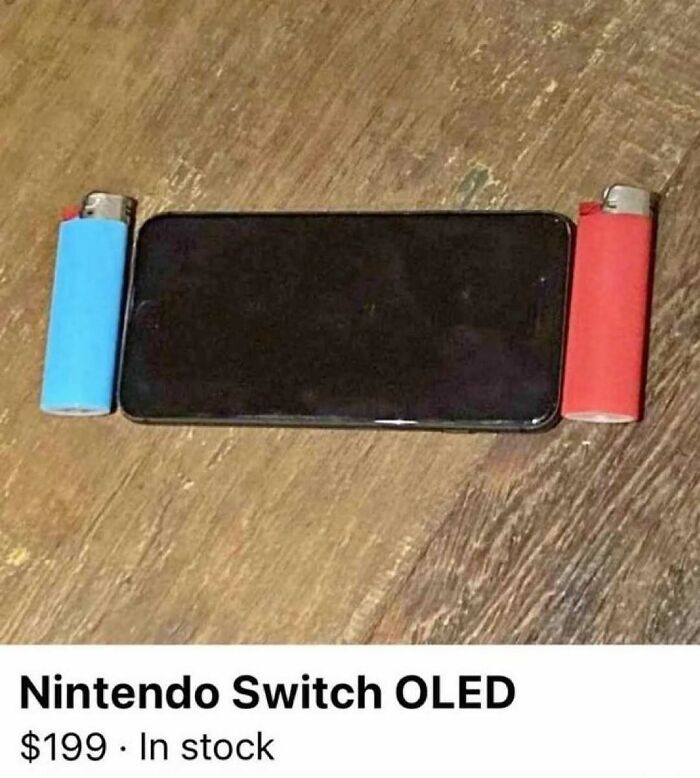 Smartphone placed between two lighters resembling a Nintendo Switch, highlighting unhinged memes at 3AM.
