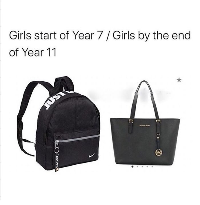 Comparison meme showing the change in girls' bags from Year 7 backpack to Year 11 handbag, British memes and posts.