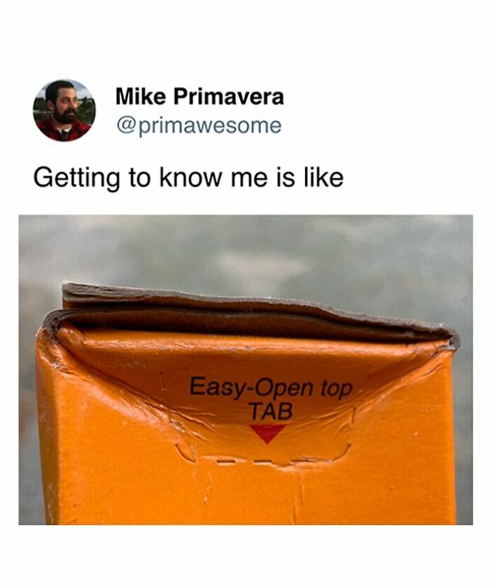 Tweet from Prime Awesome humor account comparing getting to know him to a difficult easy-open tab on a box, showcasing hilarious tweets.
