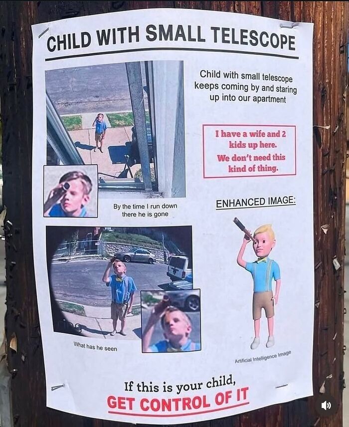 Poster on a pole humorously shows a child with telescope, related to posts that hit different at 3AM memes.