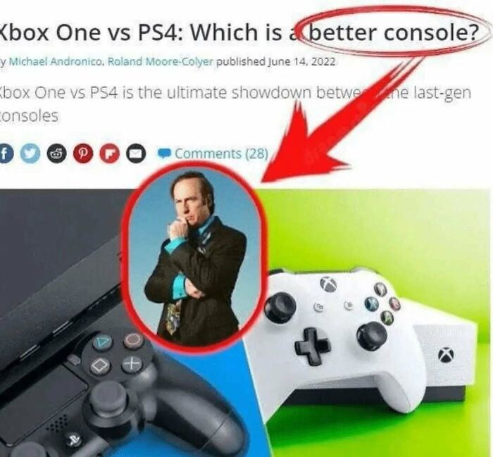 Man in suit pondering between Xbox One and PS4 controllers in a meme about posts that hit different at 3AM.