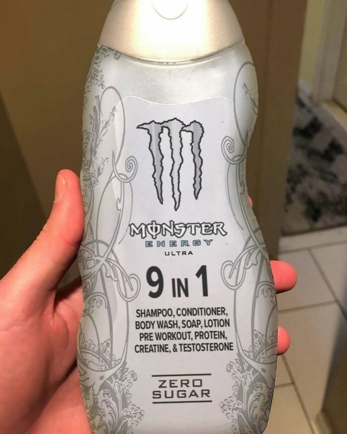 Hand holding a 9-in-1 Monster Energy Ultra bottle with multiple uses listed, fitting posts that hit different at 3AM memes.
