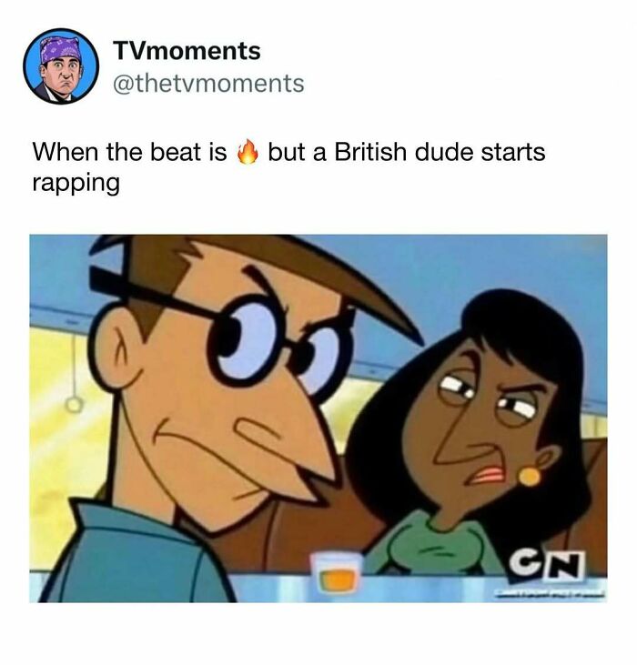 Two animated characters showing skeptical expressions in a relatable TV memes scene about rapping and beats.