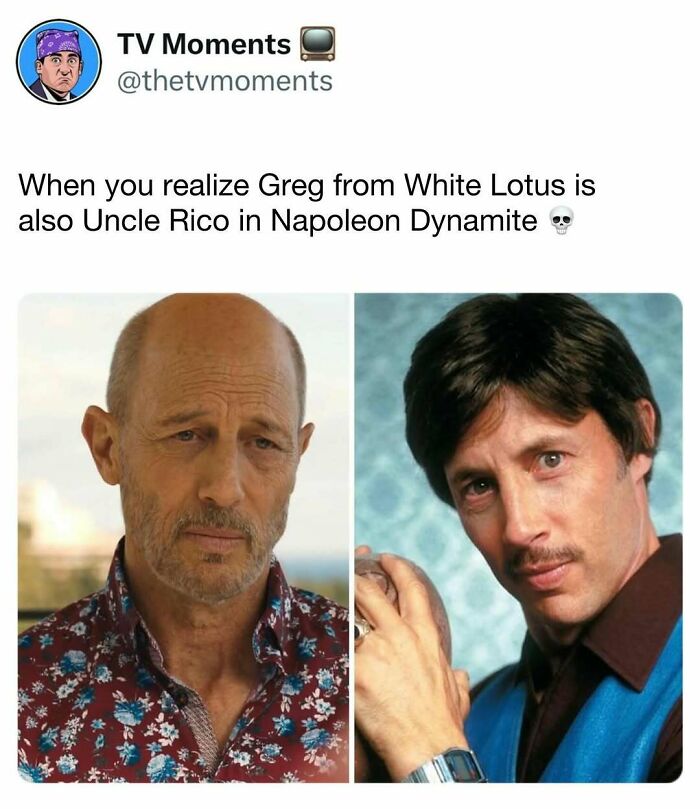 TV memes showing actor as Greg from White Lotus and Uncle Rico in Napoleon Dynamite in a humorous comparison.