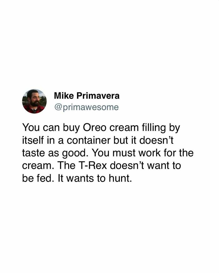 Tweet about Oreo cream filling humor from Prime Awesome, showcasing a funny take on work and rewards.