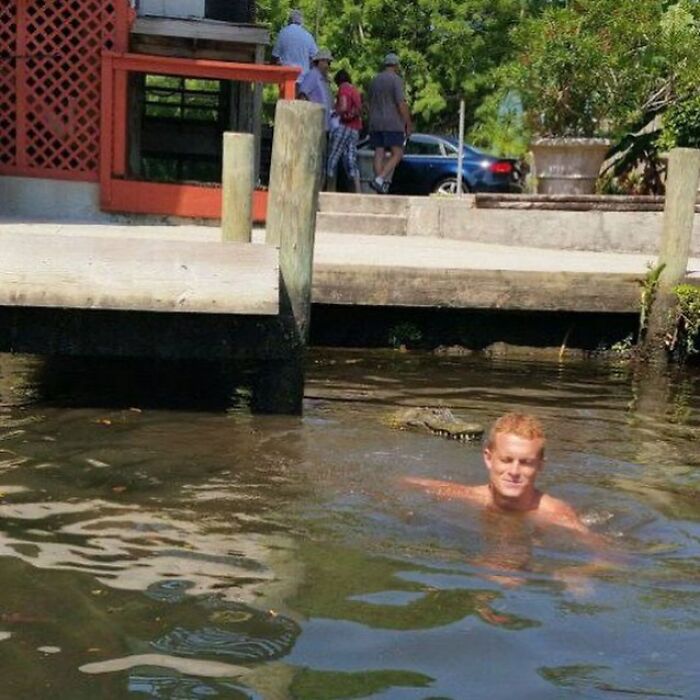 Man swimming near dock with an alligator close behind, a scene that might need a priest or an exorcist.