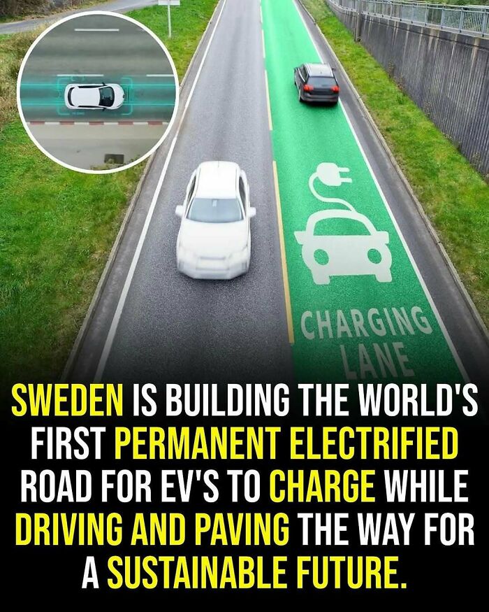 Green charging lane on road in Sweden for electric vehicles to charge while driving, promoting sustainable future technology.