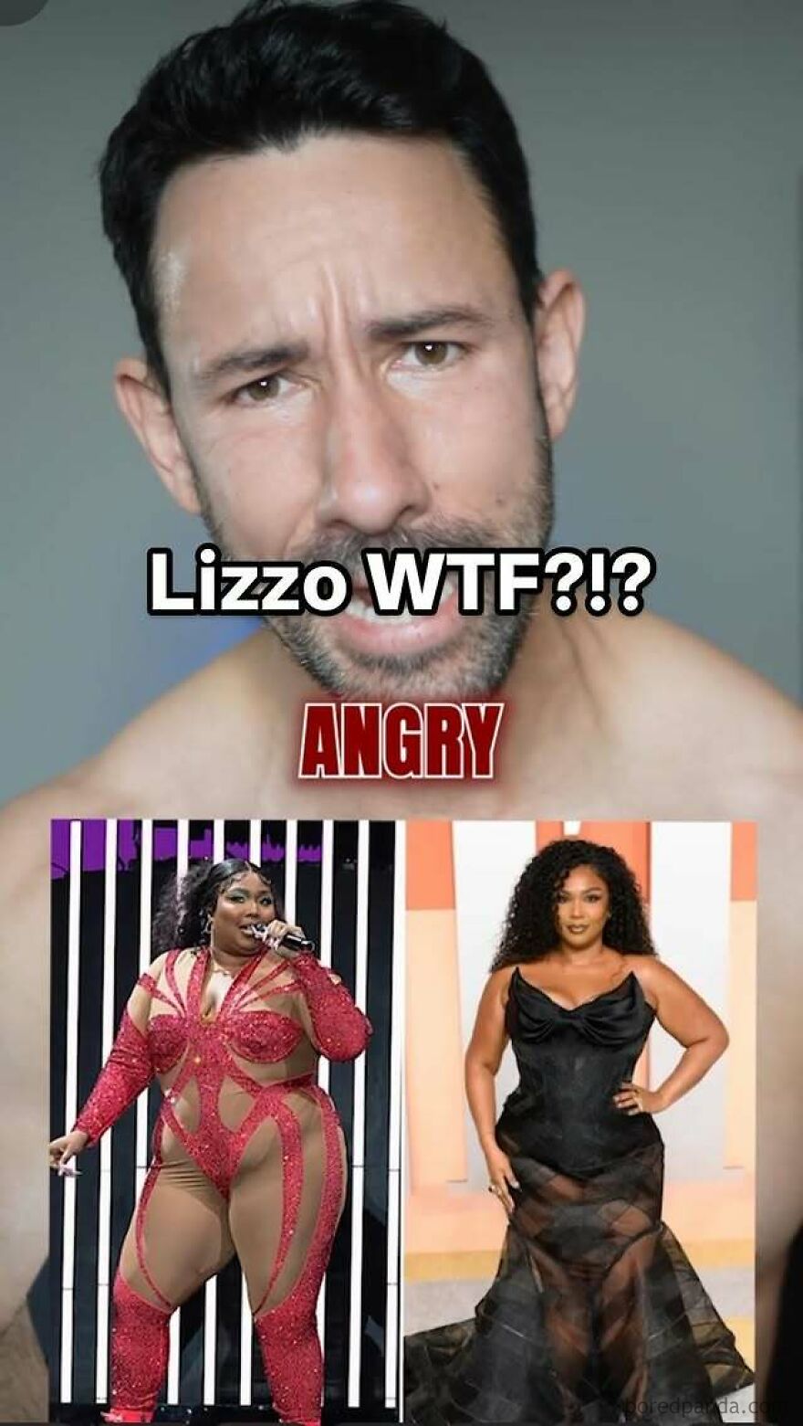 Man with angry expression above before and after photos showing Lizzo&rsquo;s wellness evolution and body transformation.