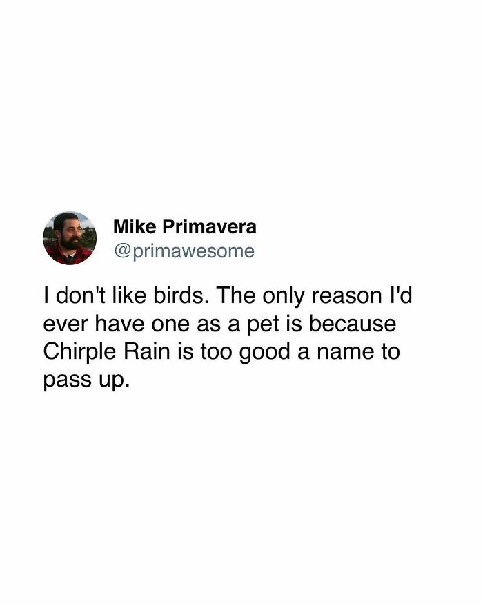 Tweet by Mike Primavera humorously discussing pets, featured in a collection of prime awesome tweets for morning coffee laughs.