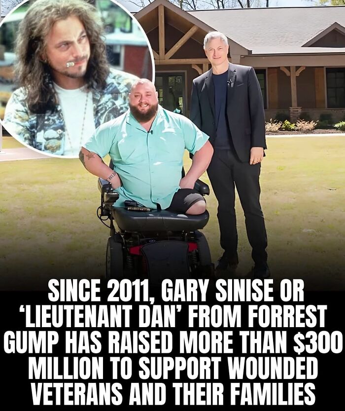 Gary Sinise with a wounded veteran in a wheelchair, highlighting wholesome posts supporting veterans and their families.