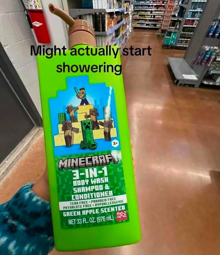 Green 3-in-1 Minecraft body wash shampoo and conditioner bottle held in store aisle with humorous text overlay.