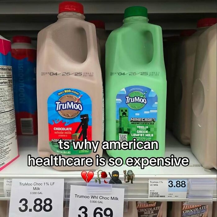 Two milk cartons with Minecraft characters on labels displayed in a store, referencing images that might need an exorcist.