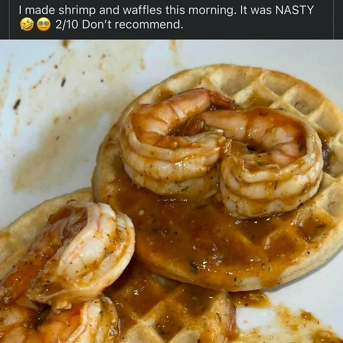 Shrimp and waffles dish with an unusual sauce, described as nasty and not recommended, fitting images needing an exorcist theme.