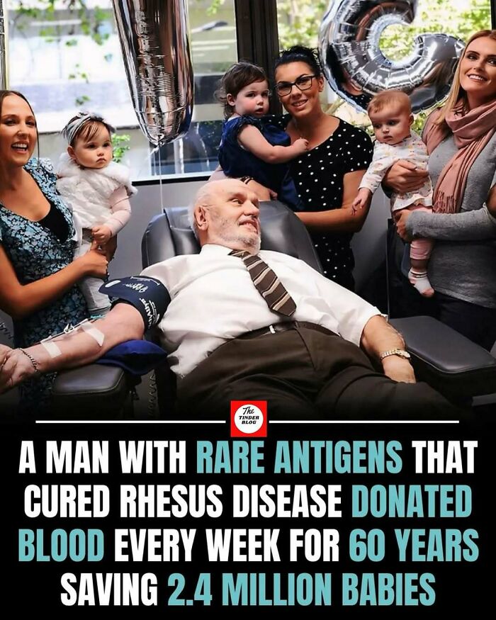 Elderly man donating blood surrounded by happy families in a wholesome post to brighten your feed on IG page.