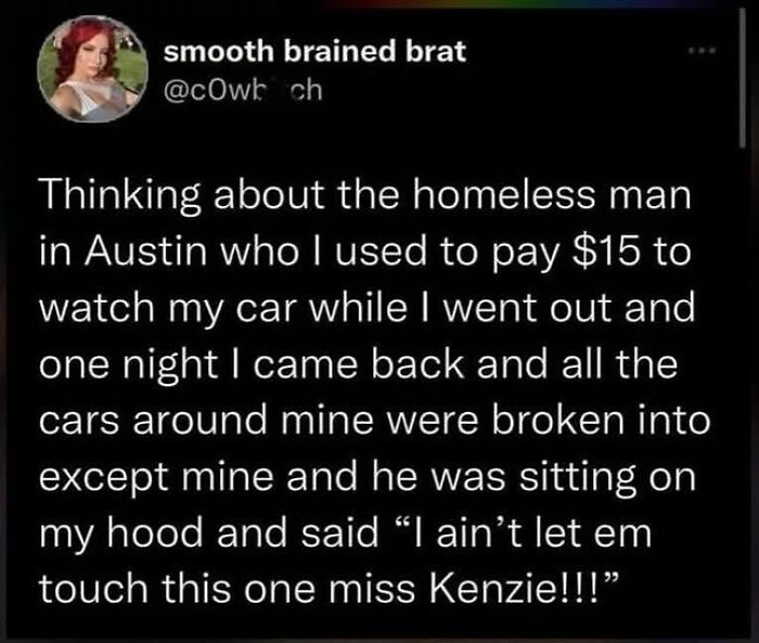 Text post about a homeless man protecting a car, highlighting adorable and wholesome moments from an IG page.