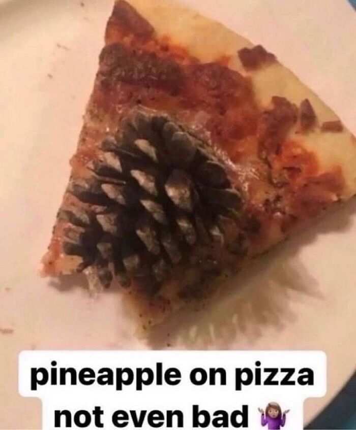 Slice of pizza with a pinecone on top, humorously captioned about pineapple on pizza in a late-night meme style.