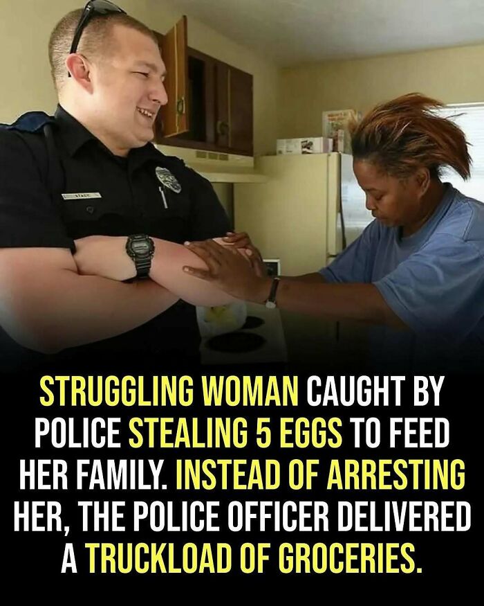 Police officer showing kindness to struggling woman by delivering groceries, highlighting adorable and wholesome posts to brighten your feed.