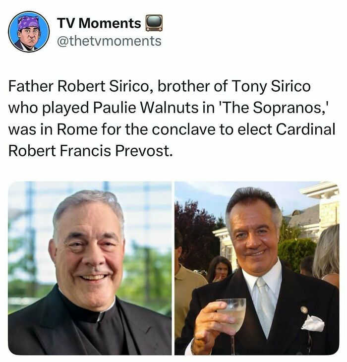 Father Robert Sirico and Tony Sirico pictured together as a funny and relatable TV memes moment from The Sopranos.