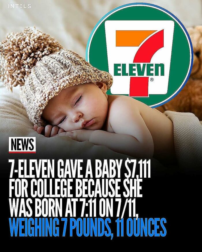 Sleeping baby wearing a brown knit hat with 7-Eleven logo, highlighting adorable and wholesome posts to brighten your feed.