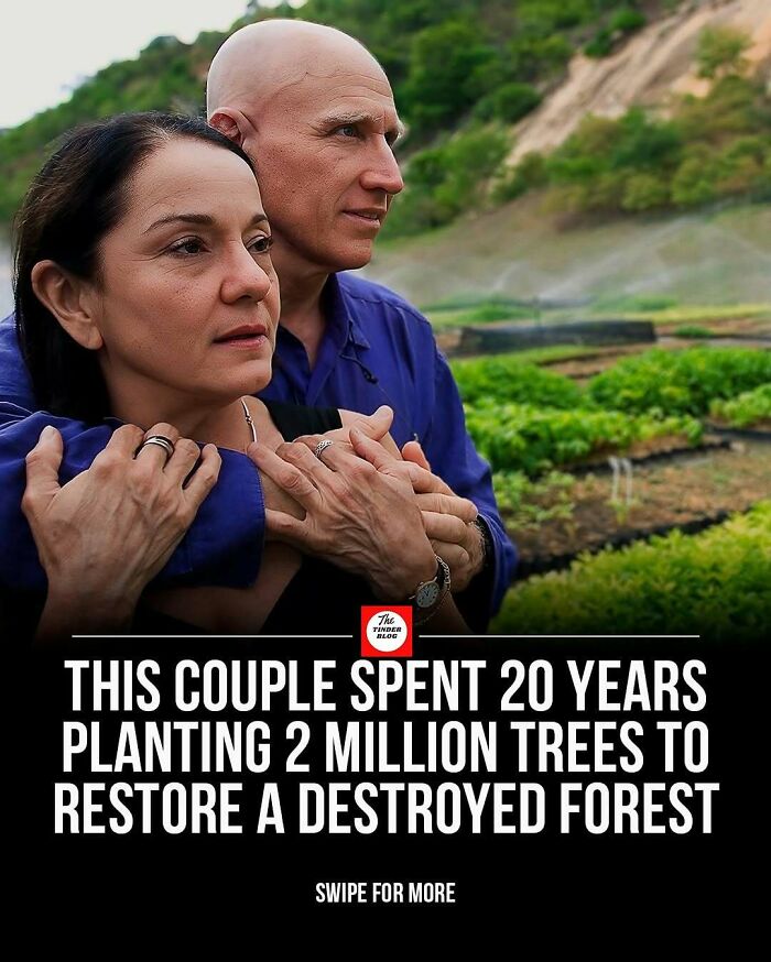 Couple embracing in front of lush greenery after planting 2 million trees, showcasing wholesome posts to brighten your feed.