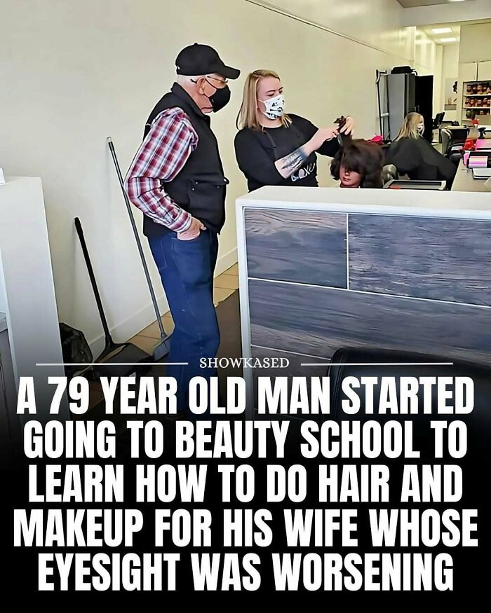 79-year-old man learning hair and makeup at beauty school to help his wife in a wholesome and adorable moment