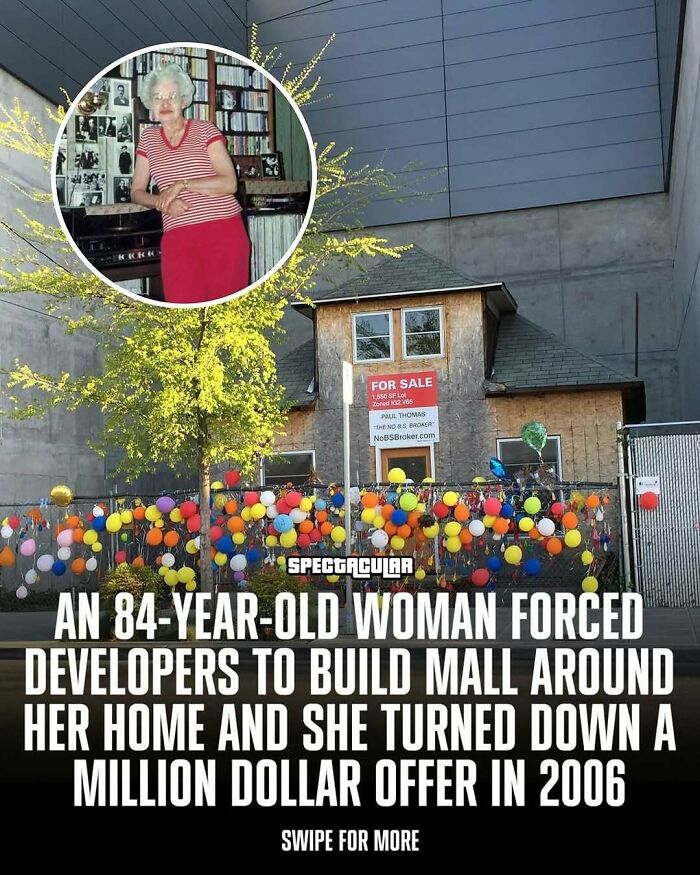 84-year-old woman stands by her home surrounded by mall development, an adorable and wholesome post brightening your feed.