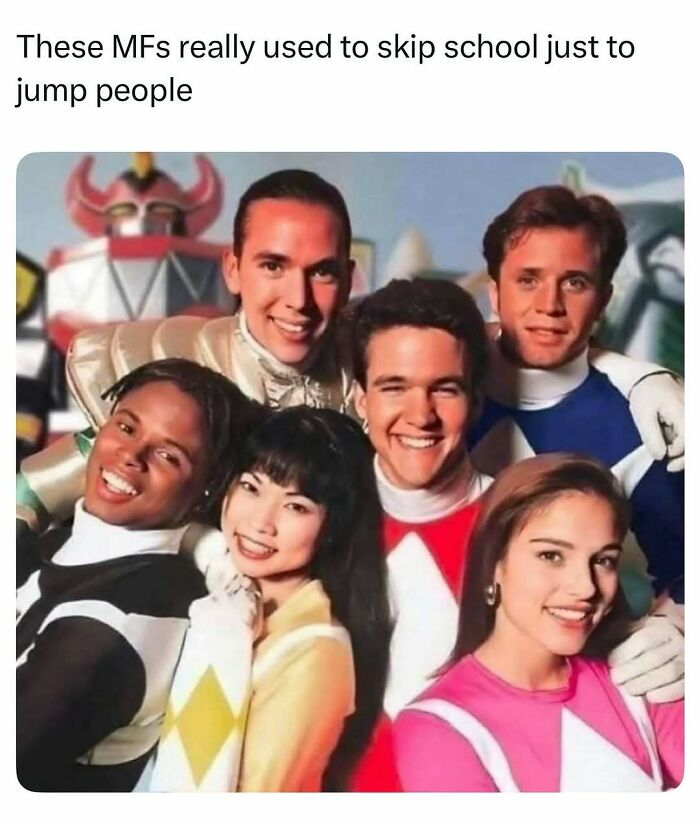Cast of Power Rangers smiling and posing together with a caption referencing funny and relatable TV memes.