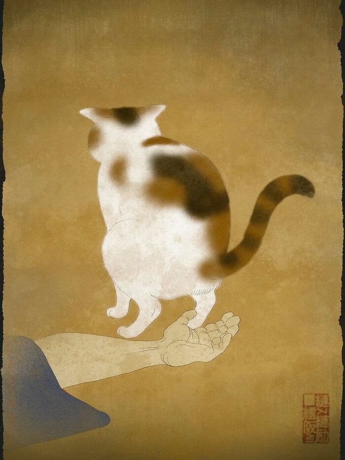 Calico cat sitting on a hand, painted in traditional Japanese painting style with modern artistic elements.